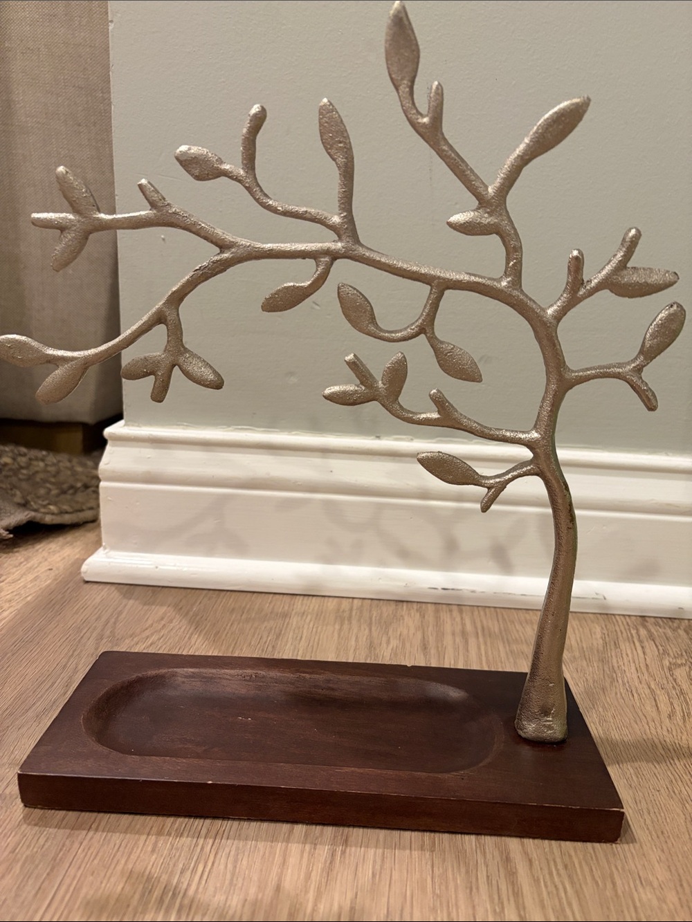 Decorative Branch Jewelry Stand in Metallic silver with Wooden Base